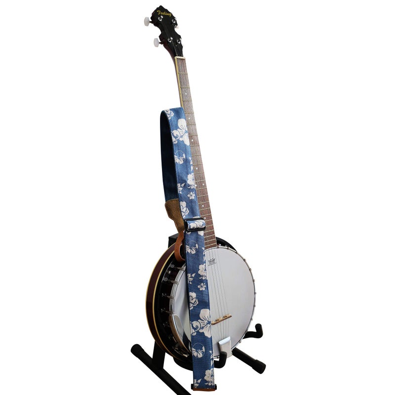 MUSIC FIRST Original Design, 2 inch width (5cm), Hawaii Style â€œBlue and White Plumeriaâ€ Soft Canvas & Genuine Leather Delux Banjo Strap, With 2 pieces of MUSIC FIRST Leather Strap Locker. - Image 2